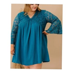 🌺 NEW Teal Blue Plus 4X Flare Bell Sleeves Lace Pleated Mini Dress Tunic Flowy